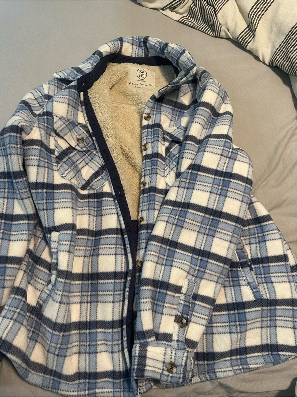 Sage Blue and White Plaid Sherpa-Lined flannel